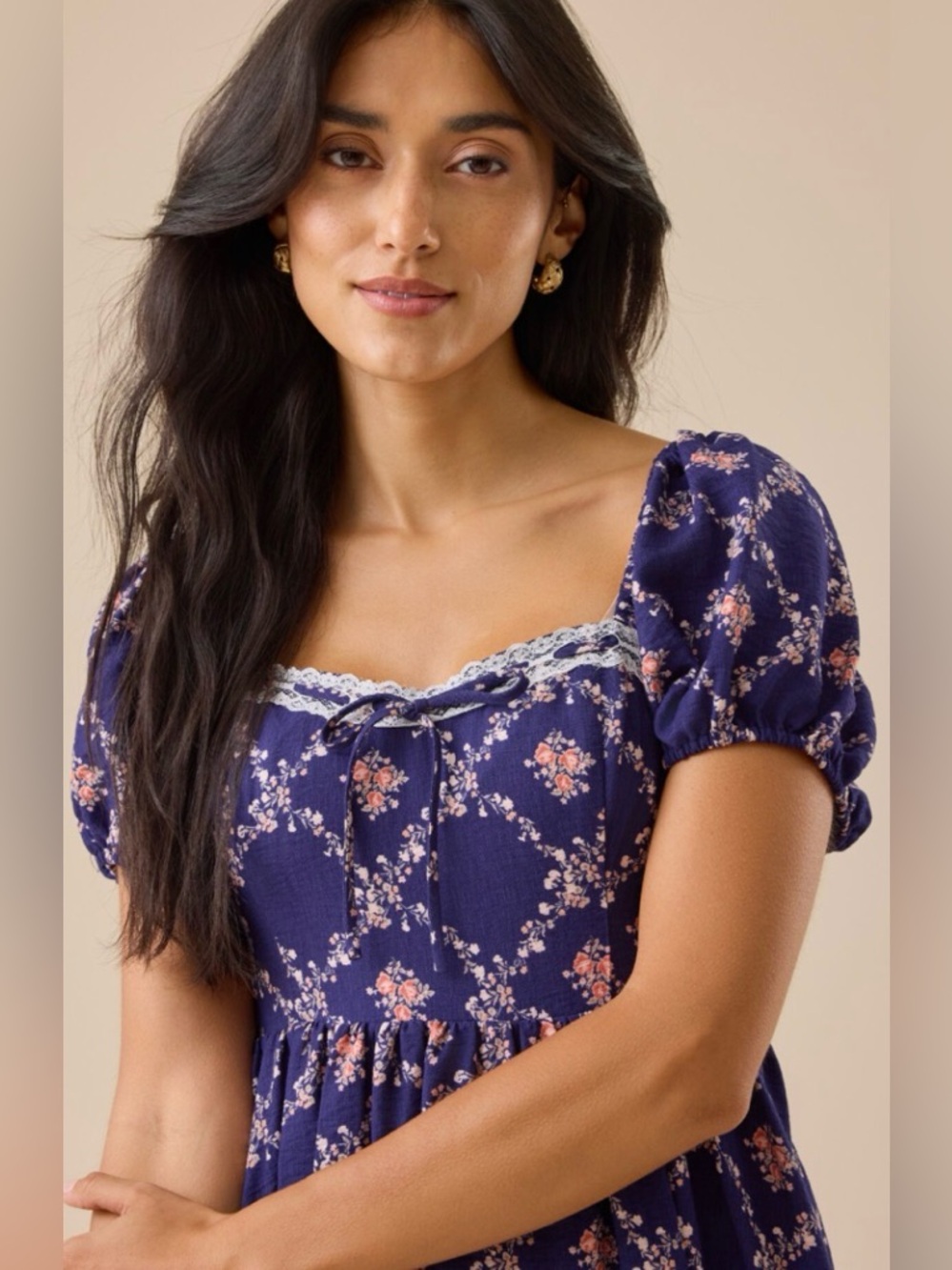 NWT [Altar'd State] Azura Mini Floral Puff Sleeve Lace Trim Dress Women’s XXS - Picture 4 of 14